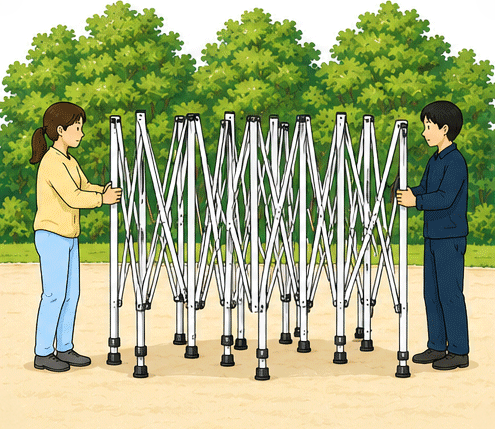 セットアップイメージ②袋からフレームを出し二人で左右にひっぱります